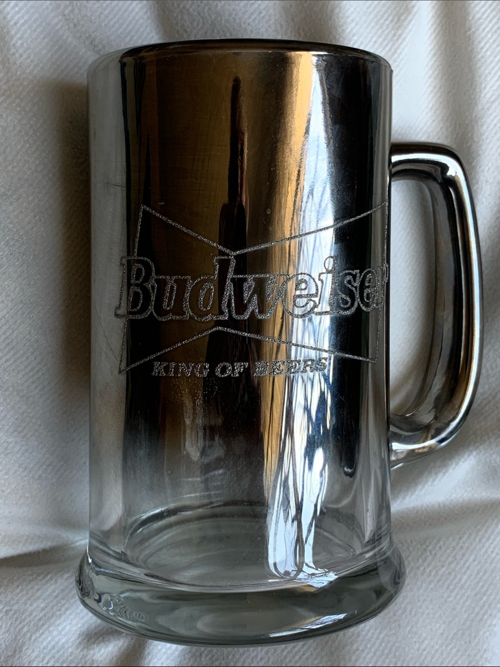 Vtg 90s Budweiser  silver fade mirror effect beer mug glass